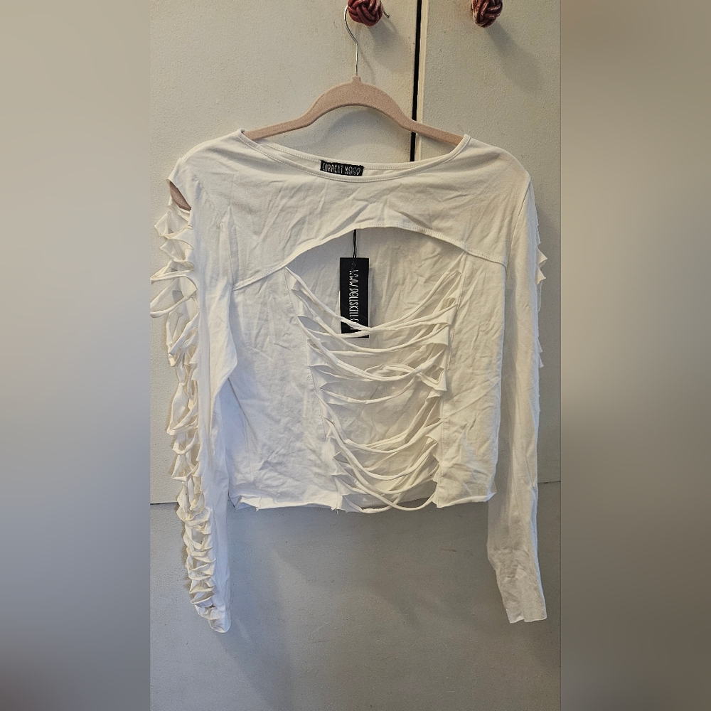 Current Mood - White Long Sleeve Shredded Shirt - XXL